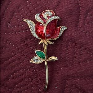 Elegant Red Rose Brooch with Gold Accents